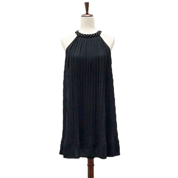 Vintage BH-One Fashion Black Chiffon Pleated Halter Beaded Neck Dress Sz Medium - Picture 2 of 13